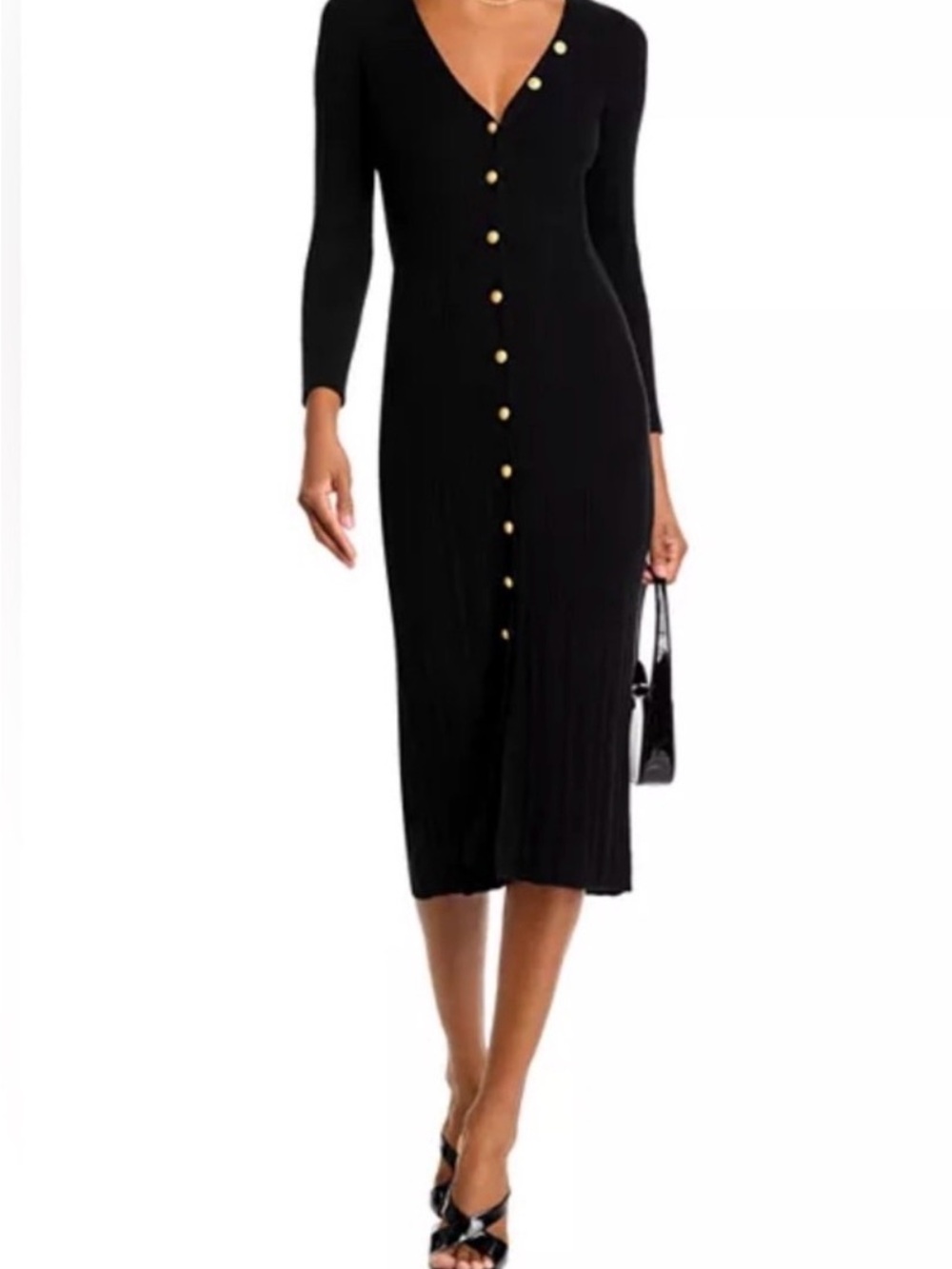 L'AGENCE Black Long-Sleeve Gold-Button V-Neck Midi Dress